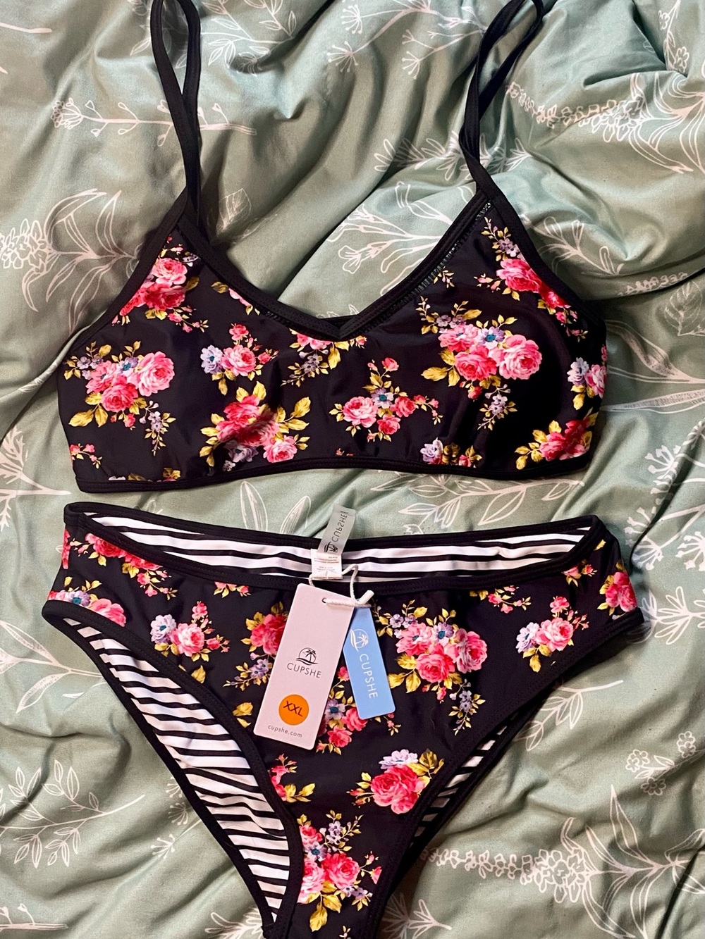 Cupshe Black Floral Bikini Set with Pink and Yellow Roses